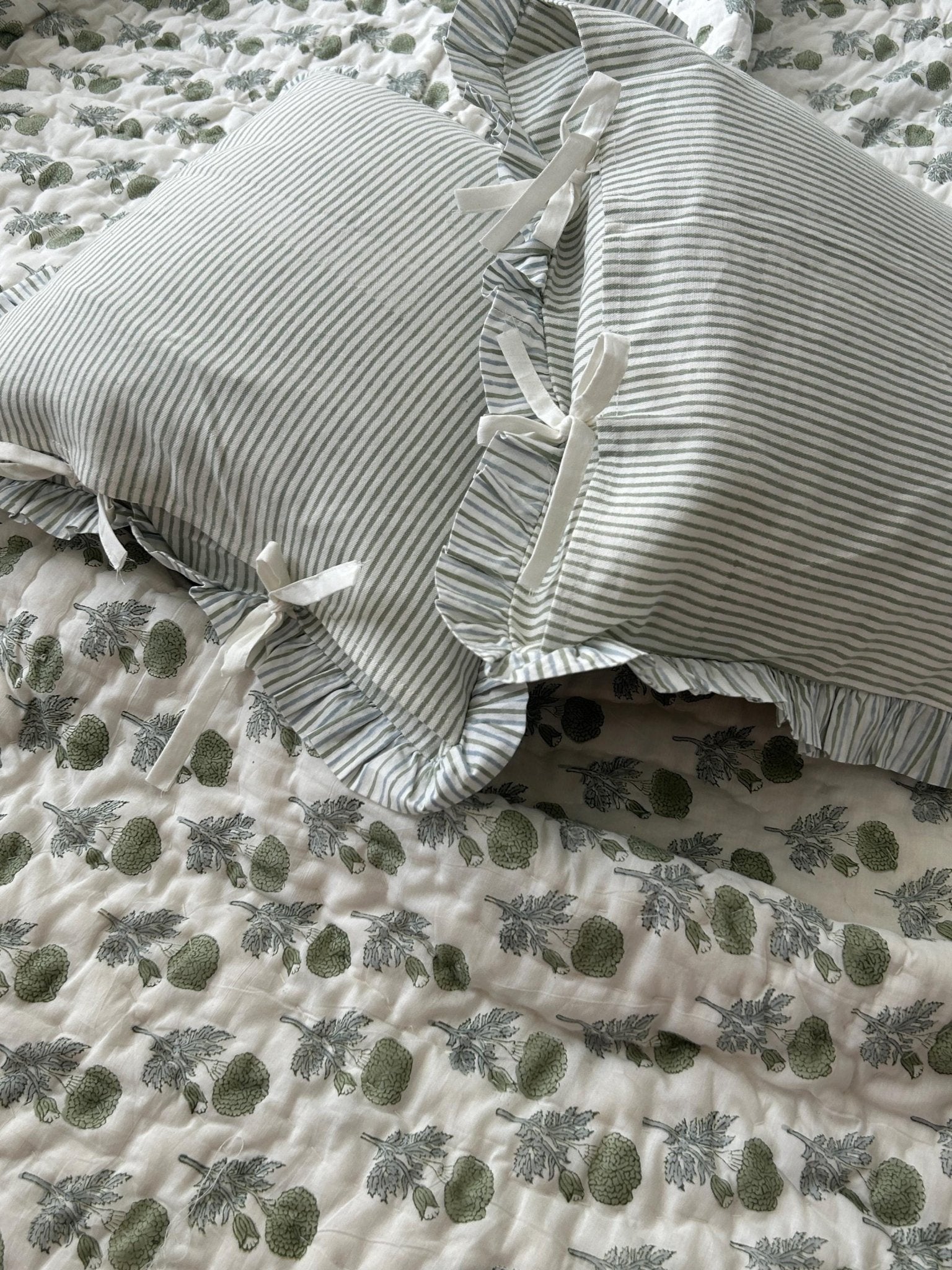 Block Print Ruffle Cushion Covers, Floral Cotton Decorative Throw, Boho Indian Canvas Pillow Covers (Set of 2)