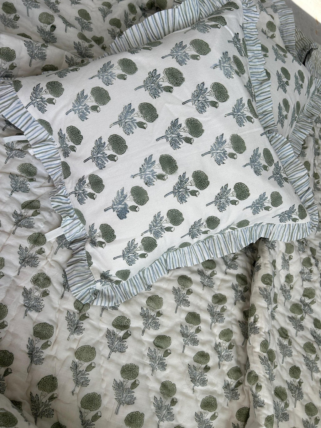 Block Print Ruffle Cushion Covers, Floral Cotton Decorative Throw, Boho Indian Canvas Pillow Covers (Set of 2)