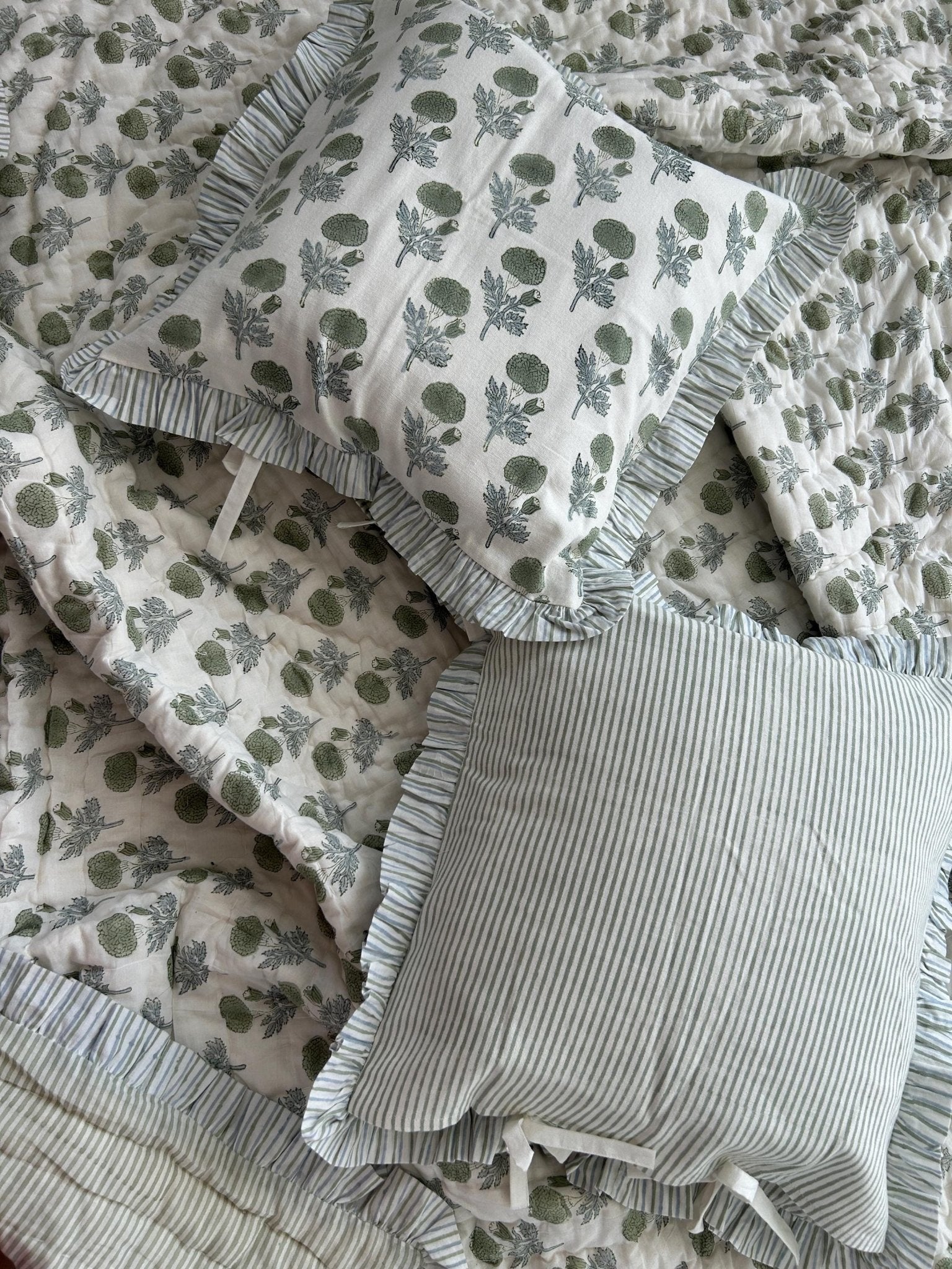 Block Print Ruffle Cushion Covers, Floral Cotton Decorative Throw, Boho Indian Canvas Pillow Covers (Set of 2)