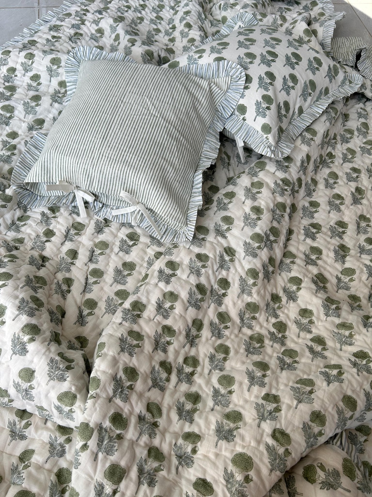 Block Print Ruffle Cushion Covers, Floral Cotton Decorative Throw, Boho Indian Canvas Pillow Covers (Set of 2)