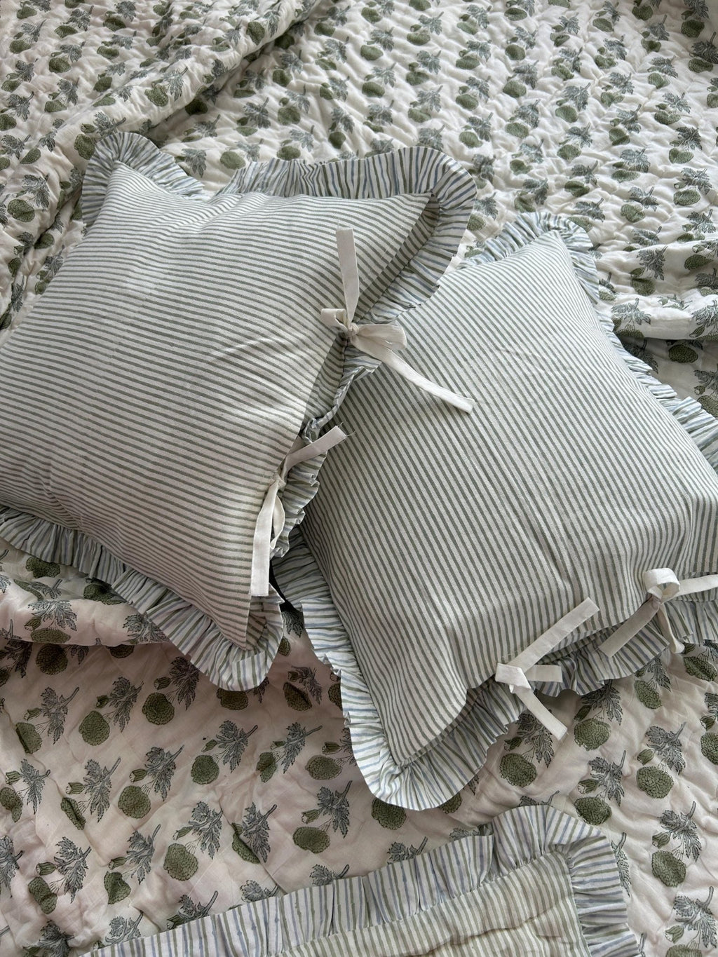 Block Print Ruffle Cushion Covers, Floral Cotton Decorative Throw, Boho Indian Canvas Pillow Covers (Set of 2)