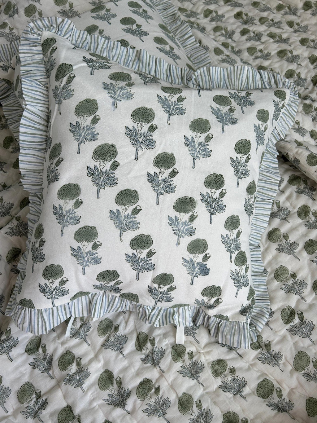 Block Print Ruffle Cushion Covers, Floral Cotton Decorative Throw, Boho Indian Canvas Pillow Covers (Set of 2)