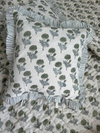 Block Print Ruffle Cushion Covers, Floral Cotton Decorative Throw, Boho Indian Canvas Pillow Covers (Set of 2)